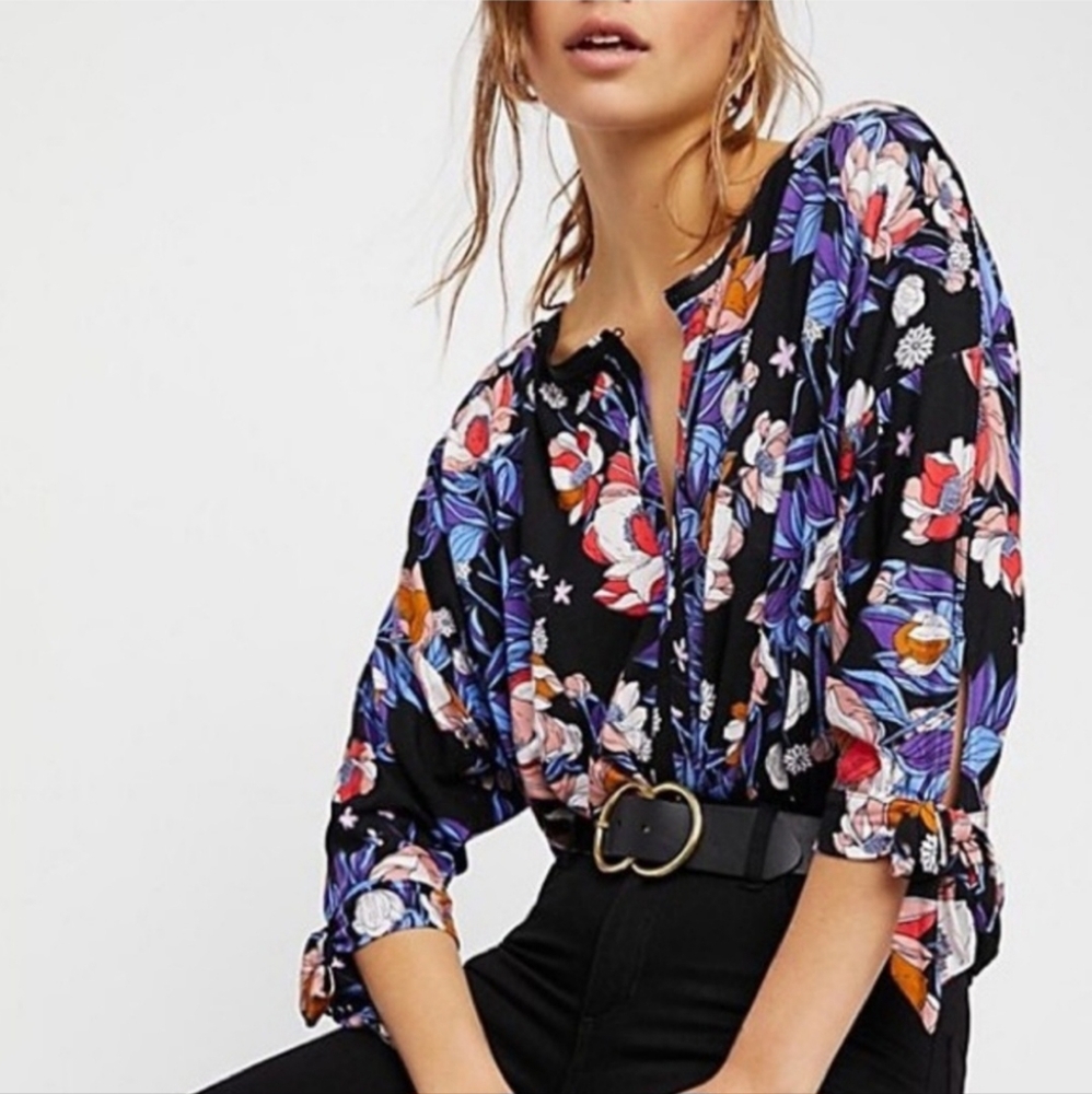 Free People Black Floral Top | Keepin' On Blouse | Boho Festival Shirt